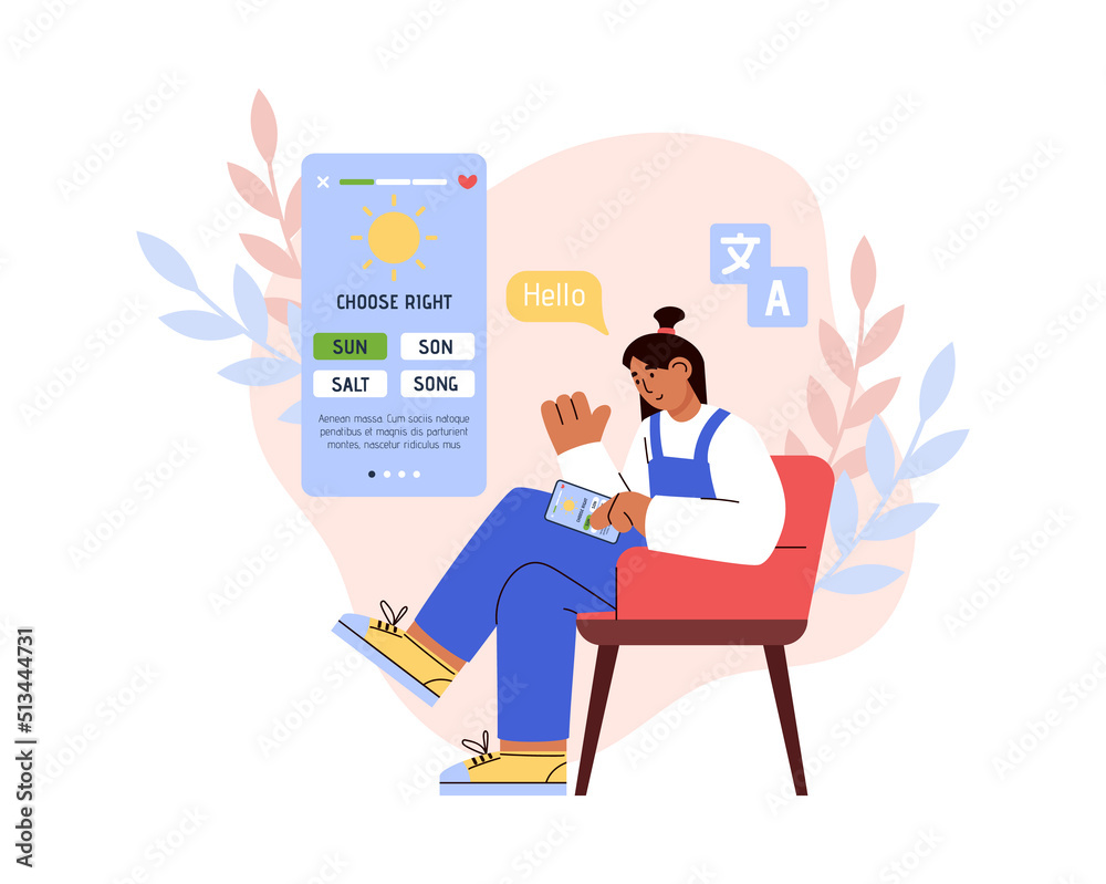 Fototapeta premium Learning language online and vocabulary test, flat vector illustration isolated.