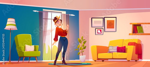 Woman in living room with couch, arm chair and shelf with books. Vector cartoon illustration of cozy house or apartment interior in modern style and girl with hairband waving hand