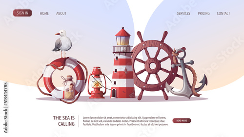 Ship's steering wheel, anchor, lifebuoy, sand bottle,  seashells, lighthouse. Maritime, sea coast, marine life, nautical concept. Vector illustration. Website, banner template.
