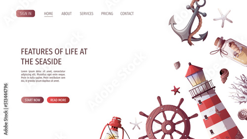 Ship's steering wheel, anchor, lifebuoy, sand bottle, corals, starfishes, seashells, lighthouse. Maritime, sea coast, marine life, nautical concept. Vector illustration. Website, banner template.