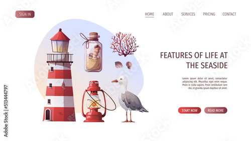 Sand bottle, corals, seagull, seashells, lighthouse. Maritime, sea coast, marine life, nautical concept. Vector illustration. Website, banner template.