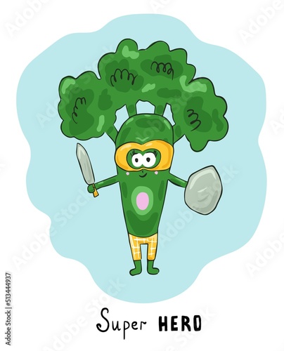 Funny broccoli super hero in mask with sword and shield
