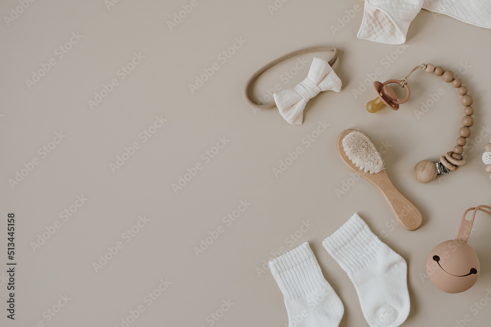 Cute hygge pastel accessories for newborn baby care. Muslin bib