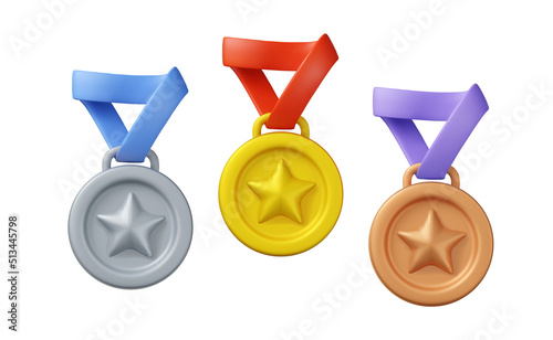 3d star medal icon set. Gold, silver and bronze sport award for winner. Vector prize badge render illustration isolated on a white background