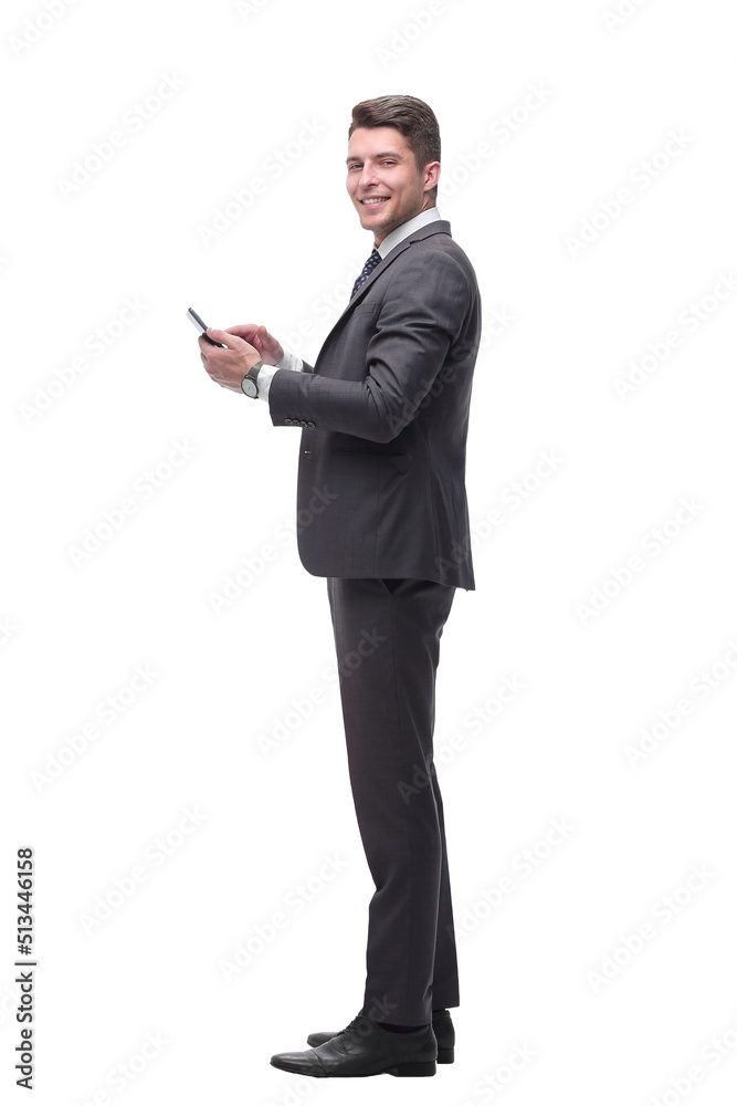 young businessman choosing a contact in his smartphone