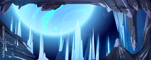 Alien planet landscape, space view from frozen cave with ice stalagmites and rocks. Cosmic background with glowing sphere in dark starry sky. Fantastic world in cosmos, Cartoon vector illustration