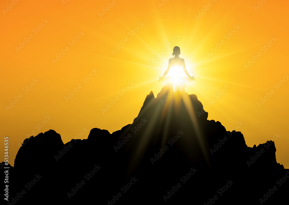 山頂で光を浴びて瞑想する女性のシルエットイラスト