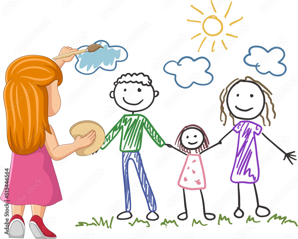 Cartoon little girl stand and draws family on the wall Cartoon little girl stand and draws family on the wall