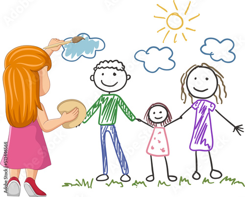 Cartoon little girl stand and draws family on the wall