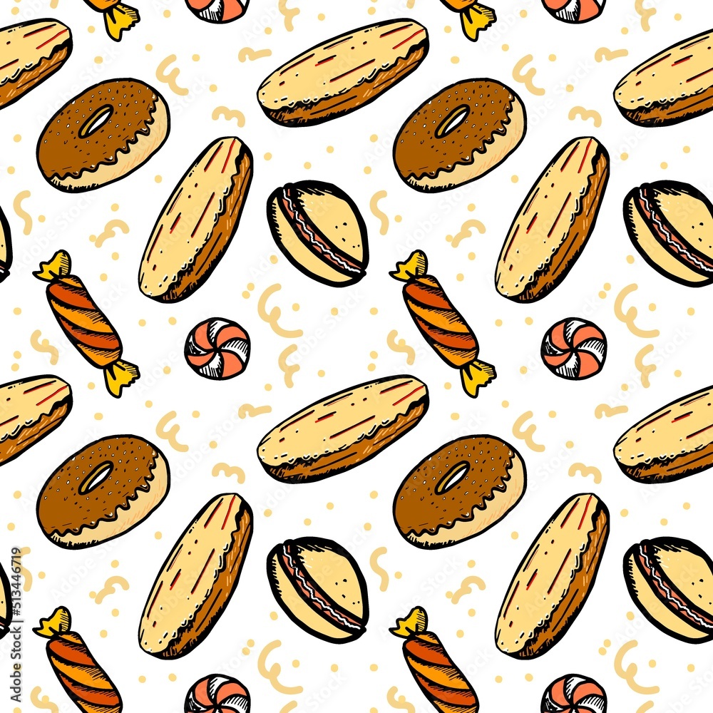 A seamless pattern of sweet pastries, hand-drawn cartoon style doodles. Sweets made of donuts, candy, eclairs and lollipops. Dessert. Sweets. A seamless pattern of sweet pastries, hand-drawn cartoon style doodles. Sweets made of donuts, candy, eclairs and lollipops. Dessert. Sweets.