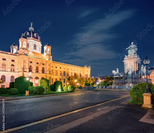 Illuminated night scene of Maria Theresa Square with famous Naturhistorisches Museum (Natural History Museum) and monument to empress Maria Theresa, Vienna, Austria, Europe. photo