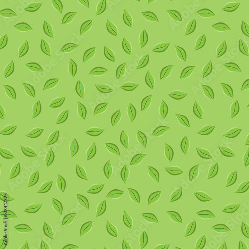 Green flying tea leaves seamless pattern. Green background for tablecloth, oilcloth, bedclothes or other textile design