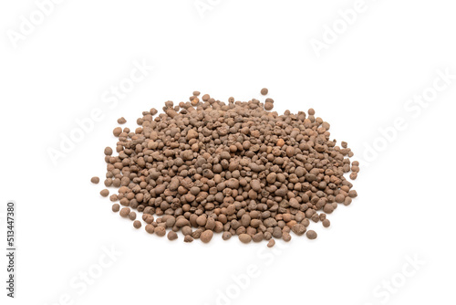 Pile of Leca Ball or Hydroton clay tablets for plant isolated on white