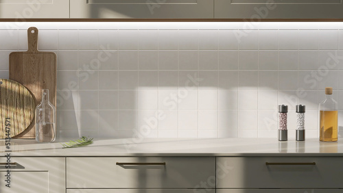 Realistic 3D render close up blank empty space countertop in modern grey build in kitchen cabinet set for household products display with white ceramic wall tiles in background. Sunlight, utensils. photo