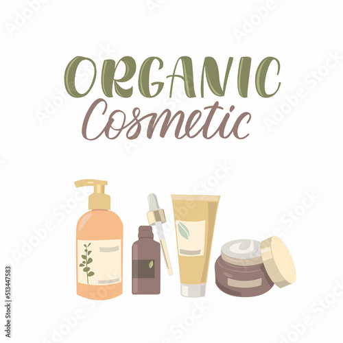 Vegan organic cosmetics in bottles isolated on white background. Flat vector illustration of herbal face and body care products. Moisturizing cream, gel or natural soap in eco pack.