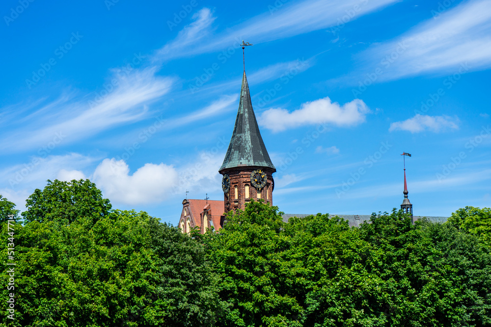 Beautiful view of the cathedral and the park. The restored cathedral on the island of Kanta. The Cathedral in Kaliningrad (Konigsberg Cathedral). 