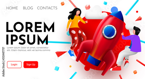 People flying around big rocket. Startup and starting business concept. Web page, banner, presentation. Business project startup process