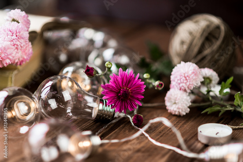 Pink chrysanthemums on a book with lights autumn mood