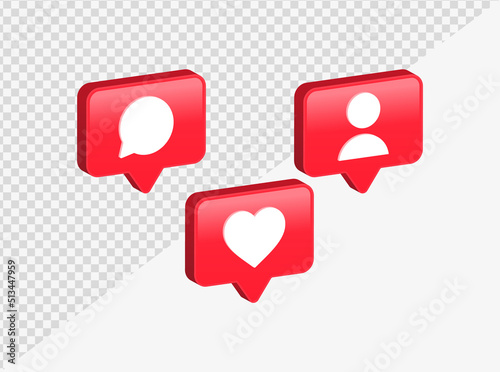 Social media notification icons in 3d speech bubbles like love comment follower icon. 3d heart in speech bubble icon, follower comment speech bubbles background, network reactions, 3d illustration