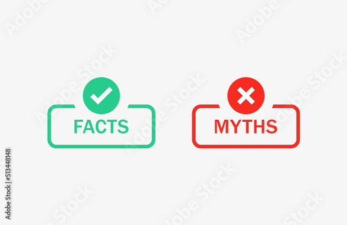 Facts vs myths icons with check mark icon button myths facts label banner with checkmark icon , green tick and red cross symbols. popup yes or no 3d icons buttons photo