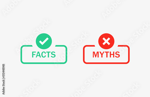 Facts vs myths icons with check mark icon button myths facts label banner with checkmark icon , green tick and red cross symbols. popup yes or no 3d icons buttons
