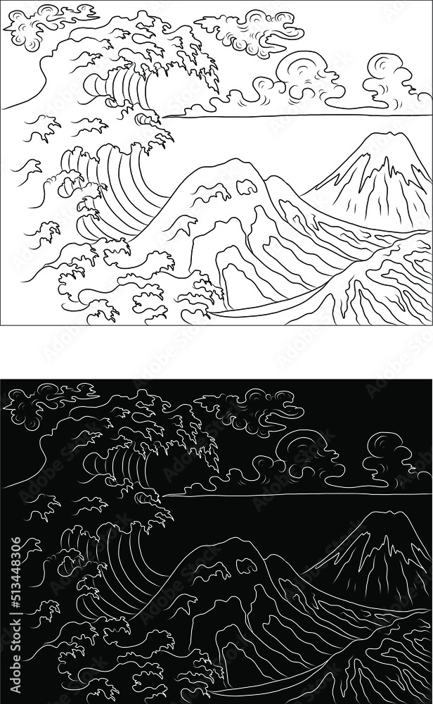 Japanese wave vector illustration for T-shirt.Traditional Chinese wave and sunrise.Beautiful line art of nature for printing on shirt.Asian art for doodle and painting on background.