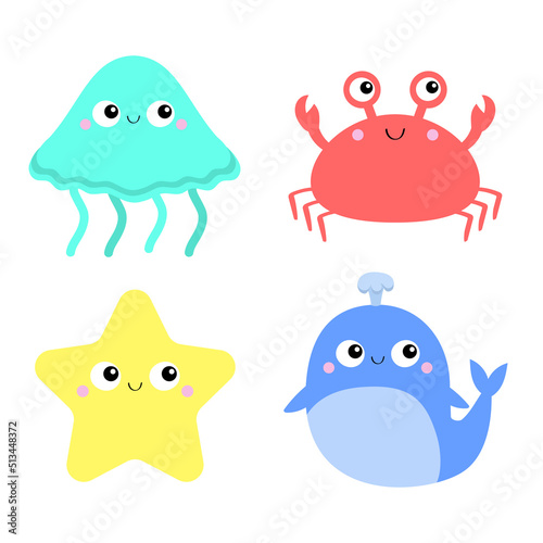 Whale Crab Jellyfish Starfish toy icon set. Big eyes. Yellow star. Cute cartoon kawaii funny baby character. Sea ocean animal collection. Kids print. Flat design. White background. Isolated.