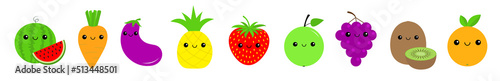 Fruit vegetable berry food icon set line. Carrot, watermelon, eggplant, pineapple, strawberry, apple, grape, kiwi, orange. Cute face eyes. Cartoon kawaii baby character. Flat design. White background.