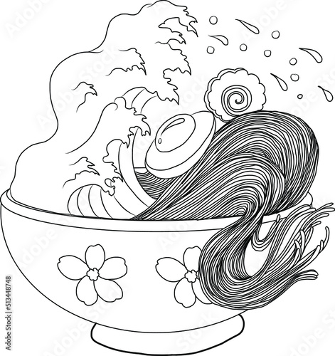Traditional Japanese ramen and wave for restaurant printing on wallpaper.Ramen vector illustration for doodle art.Sunrise with chopsticks vector for painting on background.
