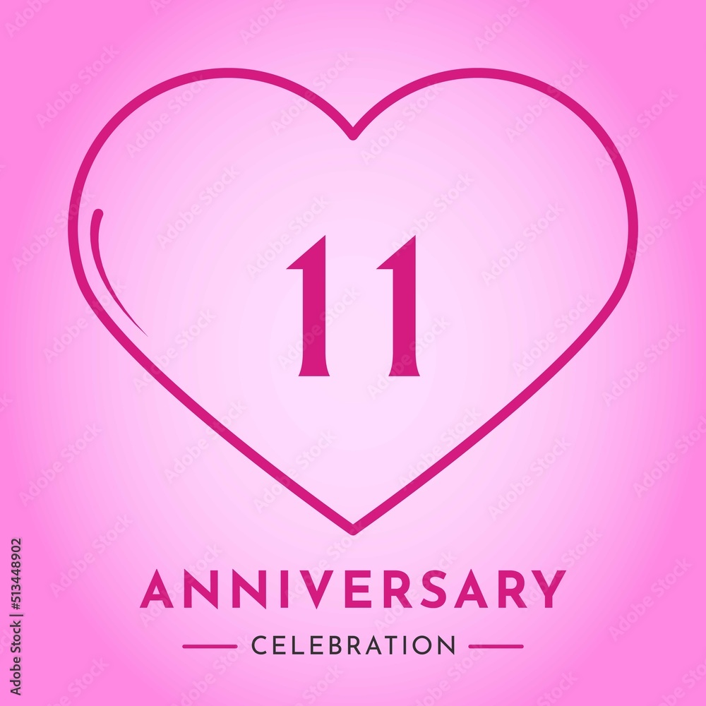 11 years anniversary celebration with heart isolated on pink background. Creative design for happy birthday, wedding, ceremony, event party, marriage, invitation card and greeting card.