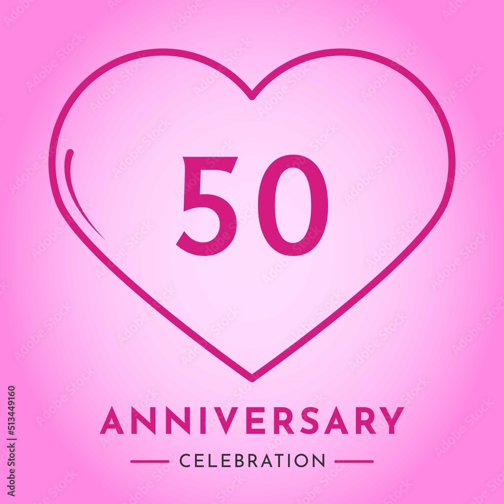 50 years anniversary celebration with heart isolated on pink background. Creative design for happy birthday, wedding, ceremony, event party, marriage, invitation card and greeting card.