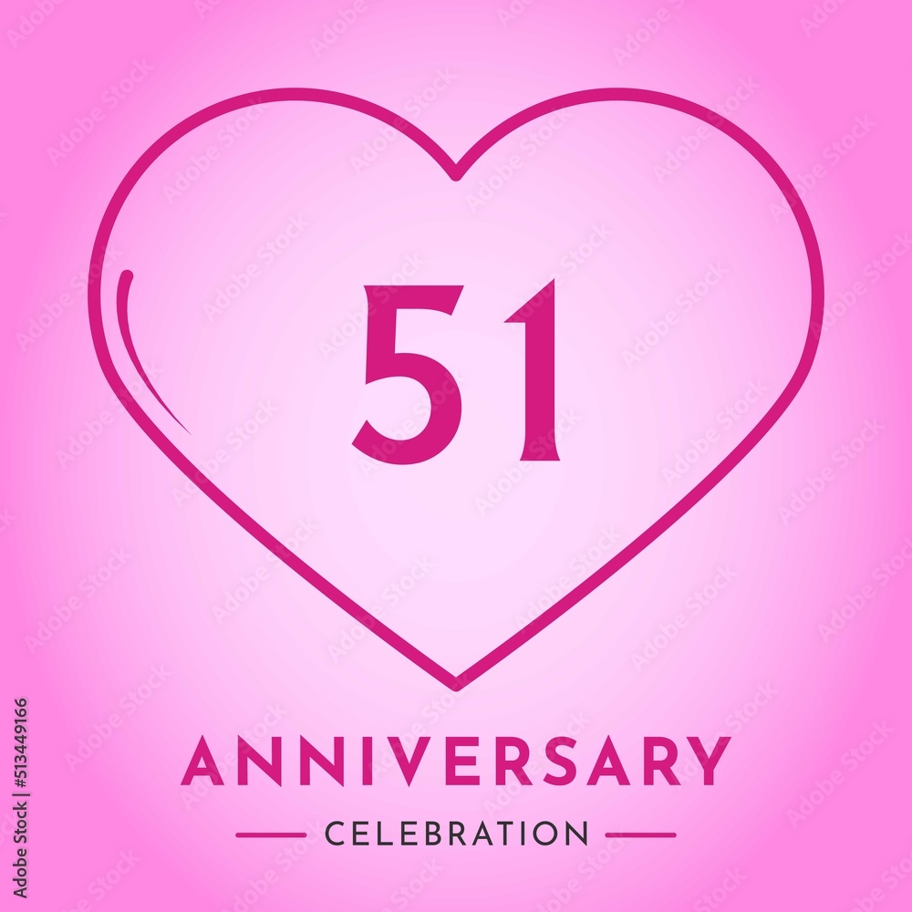 51 years anniversary celebration with heart isolated on pink background. Creative design for happy birthday, wedding, ceremony, event party, marriage, invitation card and greeting card.