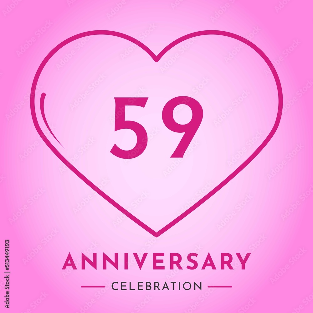59 years anniversary celebration with heart isolated on pink background. Creative design for happy birthday, wedding, ceremony, event party, marriage, invitation card and greeting card.
