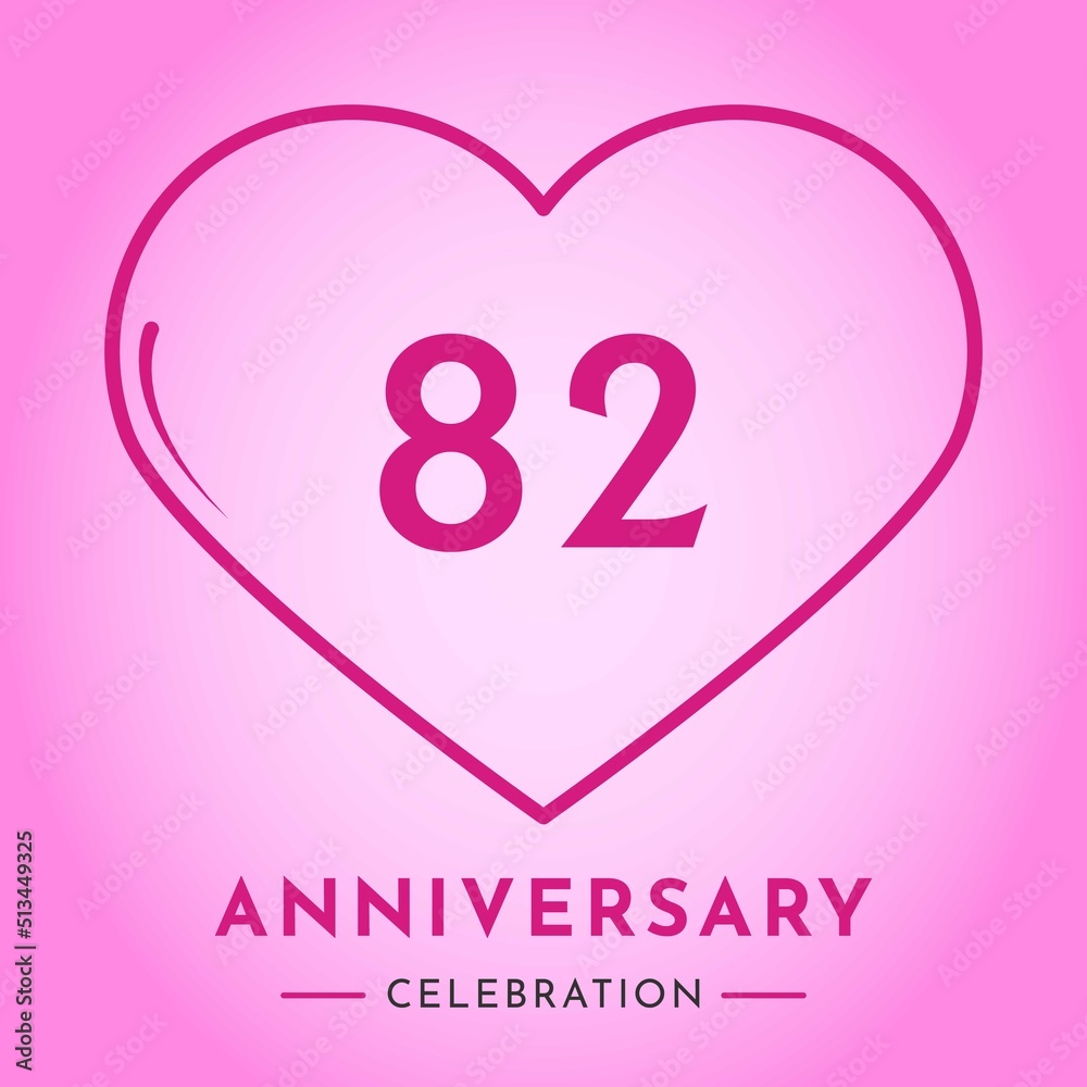 82 years anniversary celebration with heart isolated on pink background. Creative design for happy birthday, wedding, ceremony, event party, marriage, invitation card and greeting card.
