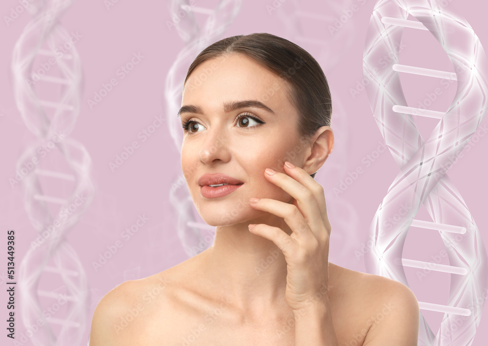 Naklejka premium Beautiful young woman against pink background with illustration of DNA chains