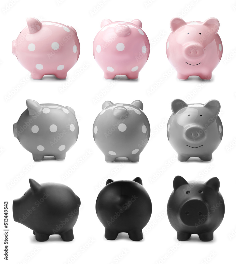 Set with different piggy banks on white background. Money saving Set with different piggy banks on white background. Money saving