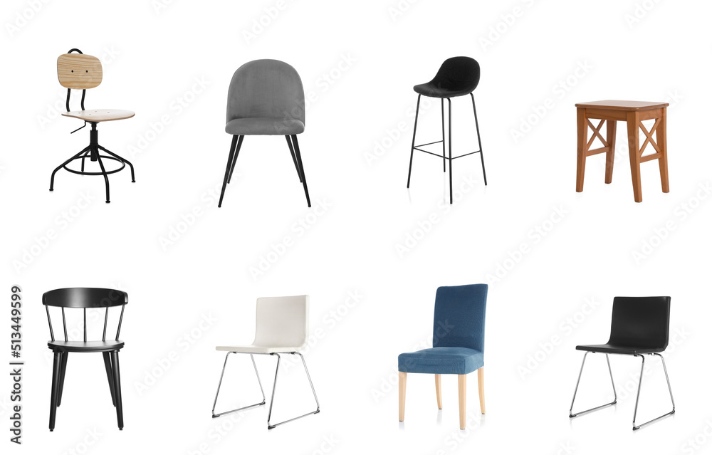 Set with different stylish chairs on white background Set with different stylish chairs on white background