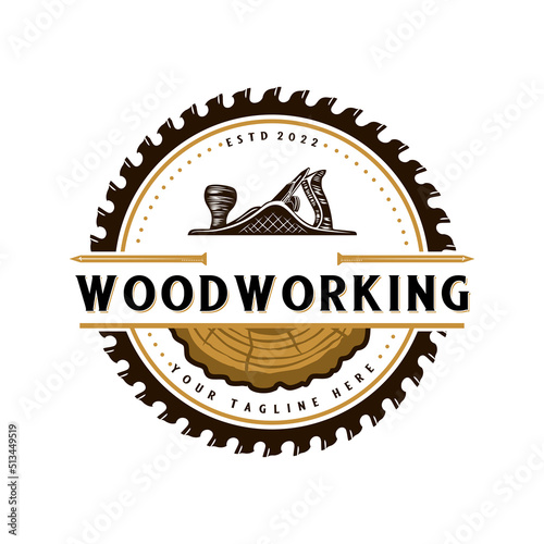 woodworking logo. wood planer, saw blade and wood beam, carpenter symbol, for carpentry or furniture