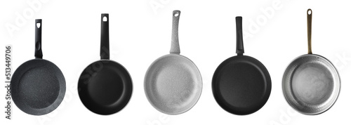 Fotografie, Tablou Set with different frying pans on white background, top view