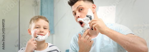 Dad shaving and son imitating him in bathroom. Banner design