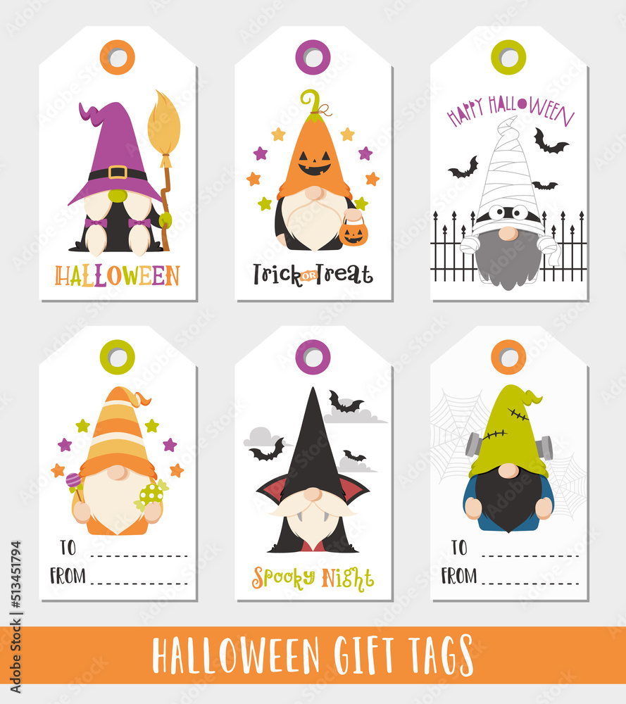 Set of Halloween Gift Tags featuring Scandinavian Gnomes in Halloween Costumes. Witch, Mummy, Vampire, Frankenstein's Monster, Candy Cone, etc.