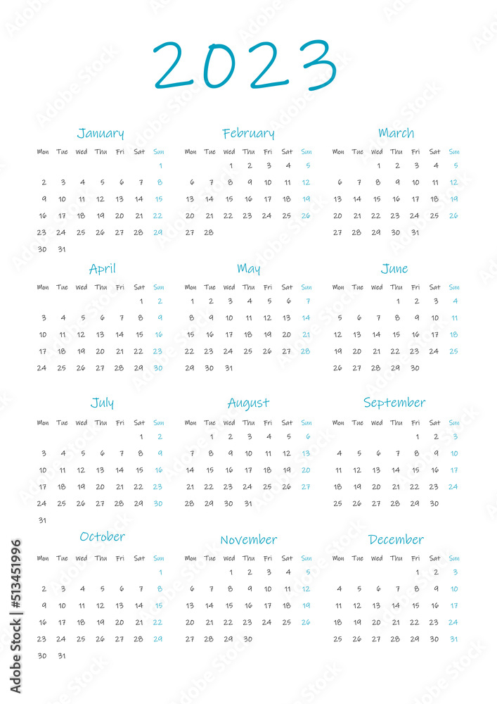 calendar 2023, week starts on Monday, basic business template. vector illustration calendar 2023, week starts on Monday, basic business template. vector illustration