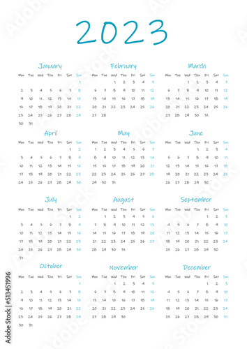 calendar 2023, week starts on Monday, basic business template. vector illustration
