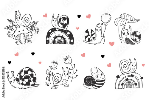 collection of cute snails with decorative flowers, on fly agaric mushroom and on rainbow, with balloon and cochlea sailor. Linear hand drawing. Vector illustration. Isolated elements for design, decor
