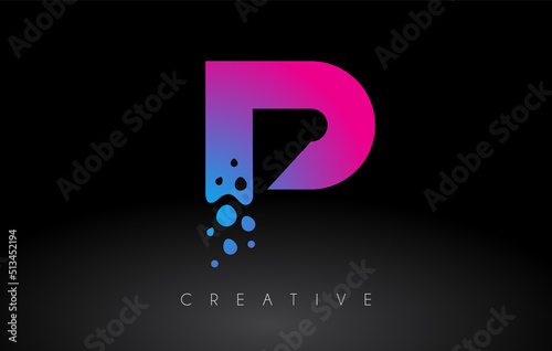 Fototapeta Naklejka Na Ścianę i Meble -  P Dots Letter Logo Design with Creative Artistic Bubble Cut in Blue Purple Colors Vector