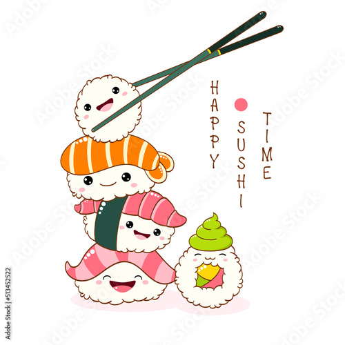 Stack of cute sushi and rolls in kawaii style with smiling faces. Japanese traditional cuisine dishes. Can be used for t-shirt print, sticker, greeting card, menu design. Vector illustration EPS8  