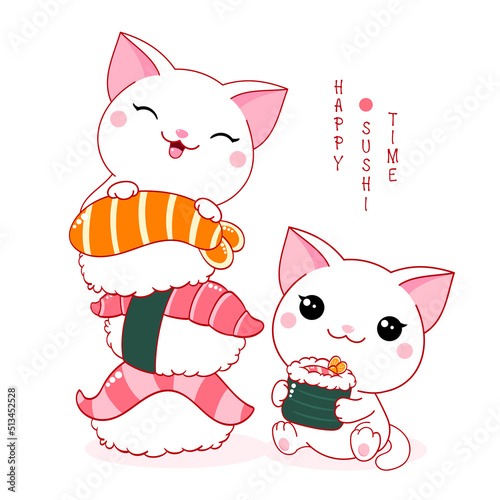 Two cute white cats with maki roll and sushi. Inscription Happy sushi time. Kawaii little kitties are happy to eat sushi. Vector illustration EPS8