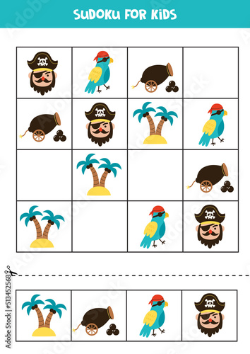 Educational sudoku game with pirate elements for kids.