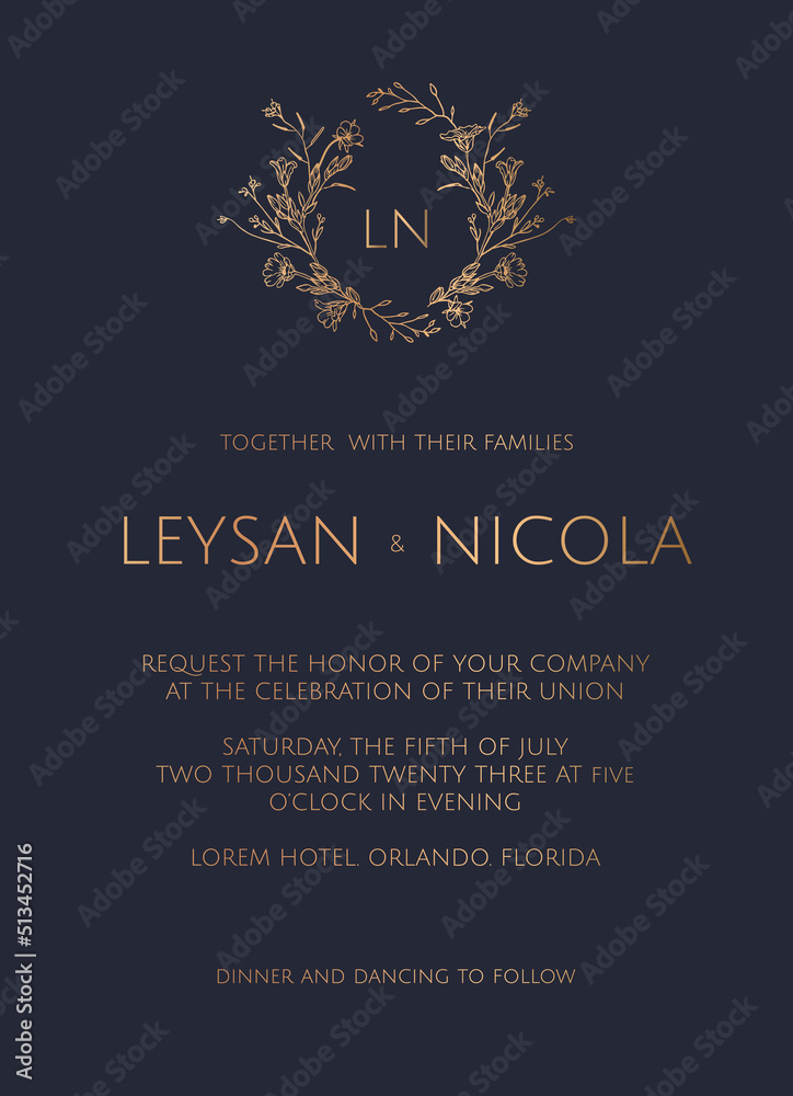 Invitation card template with wildflower frame. Classic graphic elements. Elegant wedding invitation. 