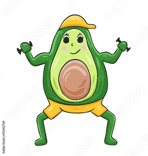 Cute avocado character with muscle. Funny illustration in cartoon style